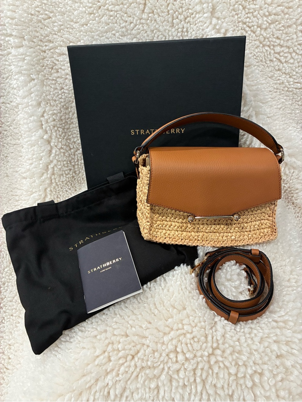 Strathberry Mosaic Nano Raffia & Leather Top Handle:Crossbody